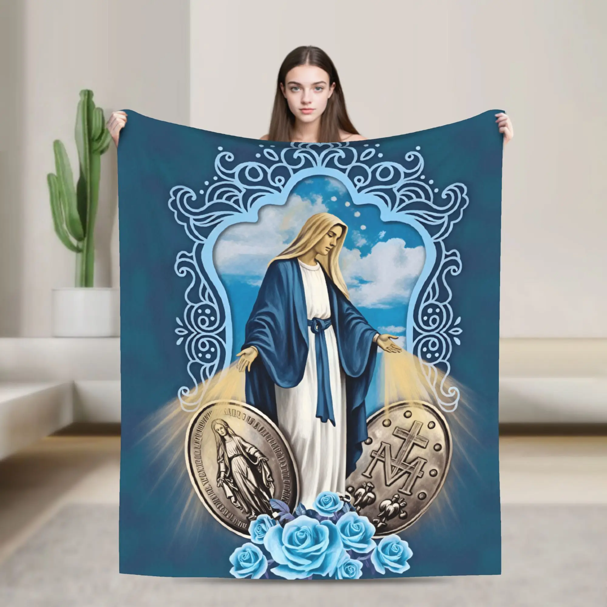 Our Lady Of Grace Miraculous Medal Blue Rose Catholic Art Blanket Quality Soft Cozy  Throw Blanket Winter Travel Car Bedspread