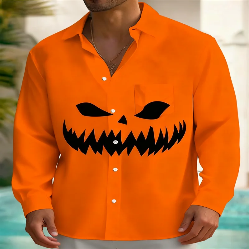 

2026 Halloween Pumpkin 3D Digital Printed Men's Button Mouth Long Sleeve Shirt Casual Party Shirt Gift