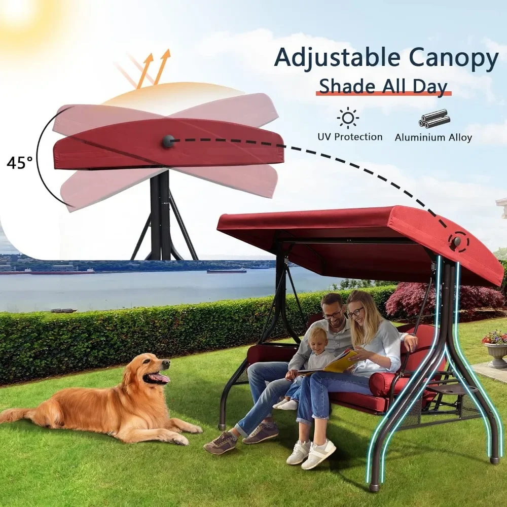 Balanço da varanda do pátio com dossel ajustável, almofada espessa, bandeja lateral dobrável para pátio, balanço ao ar livre, 3 assentos