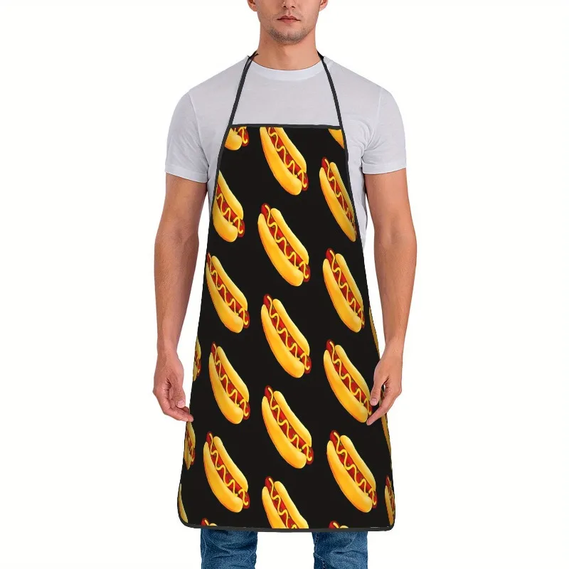 Funny Hot Dog Pattern Apron, Fast Food Graphic Cooking Bib, Retro American Snack Kitchen Decor, Novelty Gift for Men Dad