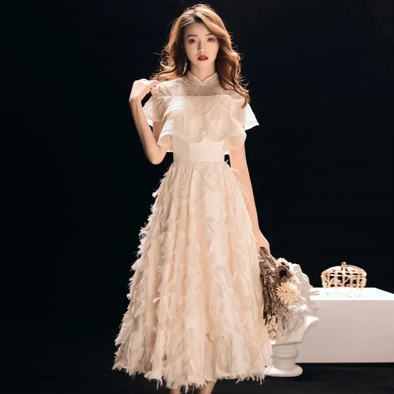 

White Bride Wedding Party Feather Dresses Sweet Ruffles Hight Collar A-Line Evening Dress 3XL Spring New Women Skirt