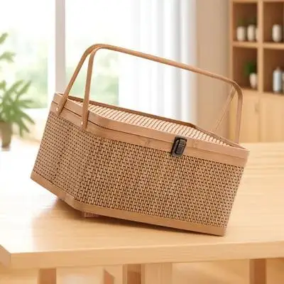 

Woven Bamboo Basket 35x25x18cm Storage Lid Kitchen ganizer Gardening Harvesting Shopping Handle Fruits Eggs Handheld Basket