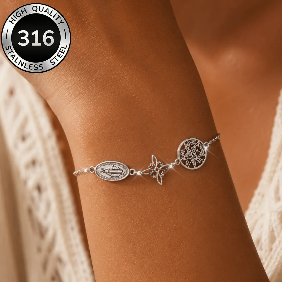 Stainless Steel Triple Protection Bracelet Virgin Mary Witch Knot Pentagram Tetragrammaton Silver Color Wrist Jewelry Bracelets