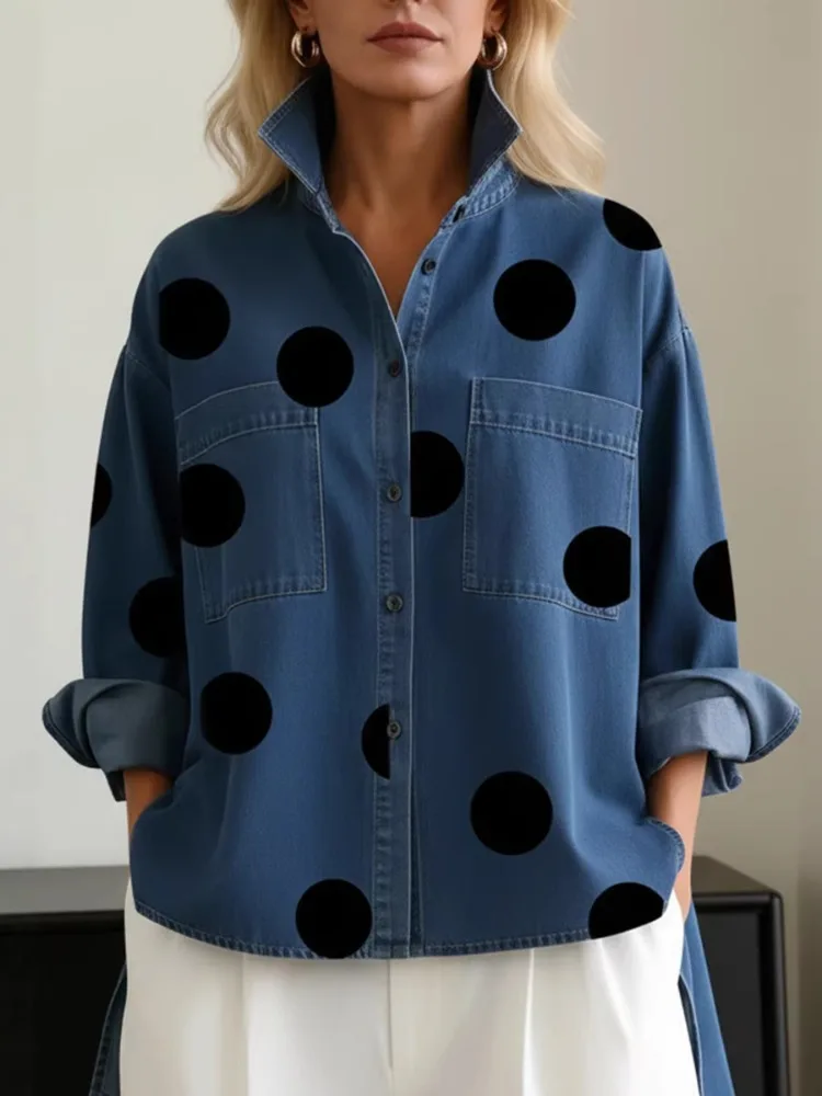 

UOOZEE 2026 New Fashion Contrast Color Polka-Dot Shirts Tops Women Long Sleeves Split-Side Pockets High-Low Office Lapel Blouses