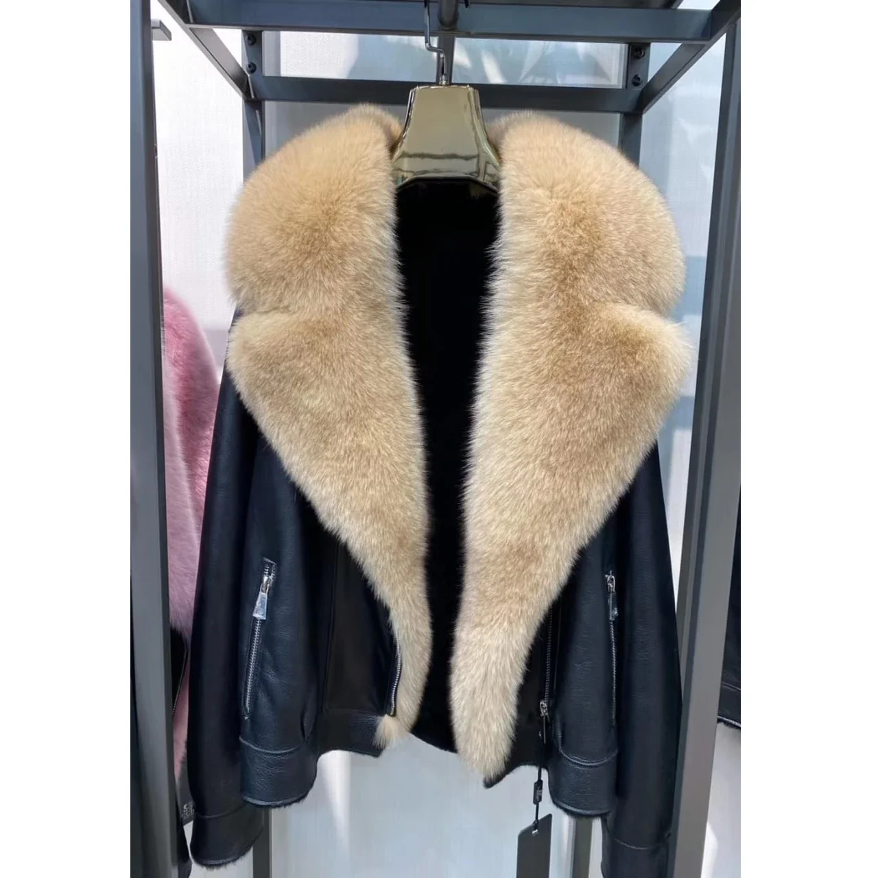 leather custom fur collar real fox fur  long style hooded fur coat men's coat