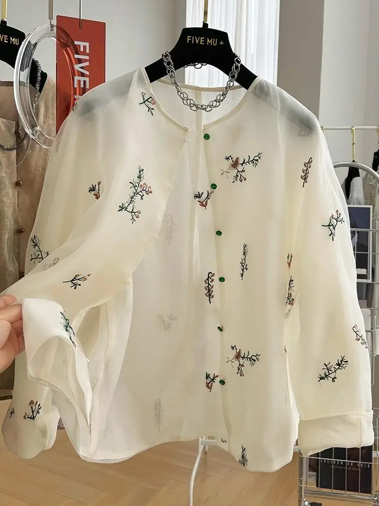 New Chinese style printed thin shirt for women's 2024 summer new sweet casual loose top  tops women