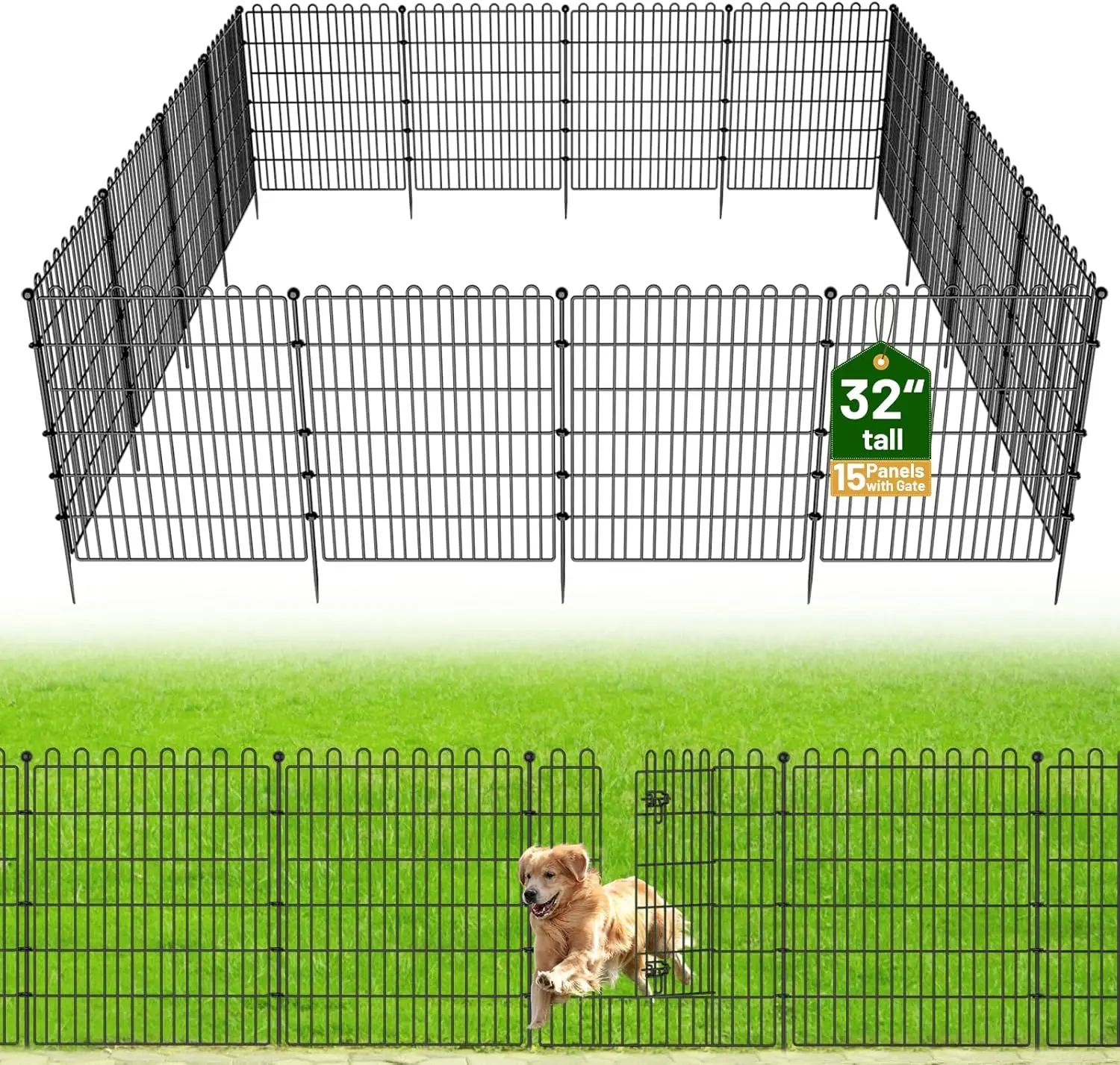 

15-Panel Metal Garden Fence with Gate, 32"H x 35.4'L, Easy Setup Pet Barrier for Outdoor Yards