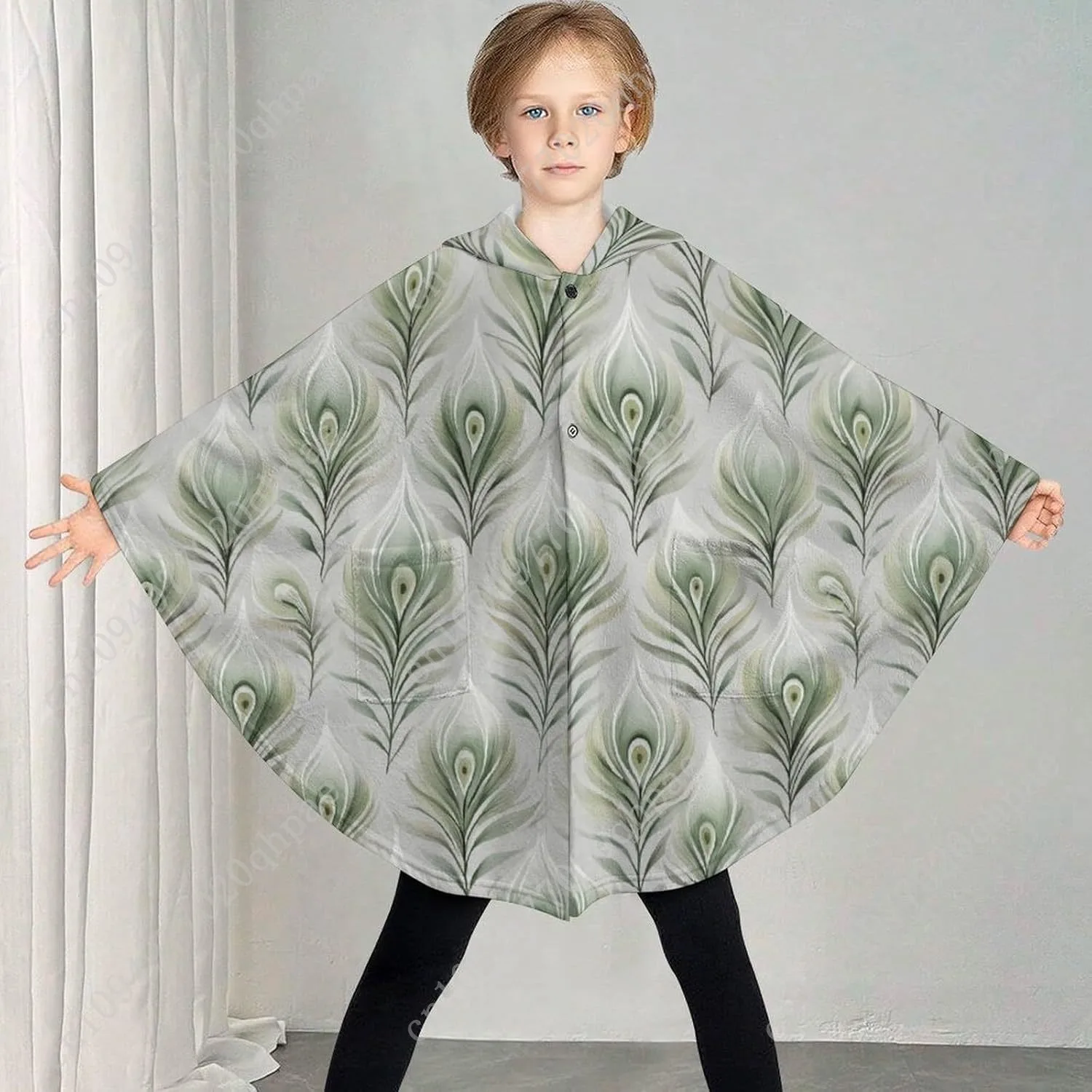 سترة بطانية مريحة من الفلانيل، سترة أنيقة ذات قلنسوة كبيرة الحجم من ريش الطاووس مع جيوب للأطفال والمراهقين #2