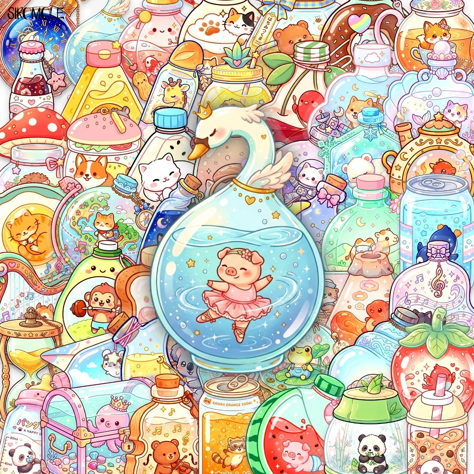 50PCS Transparent PET Stickers Cute Lovely Animals Inside Bottle Pattern Sweet Pet Decals for Journal Craft Graffiti Sticker