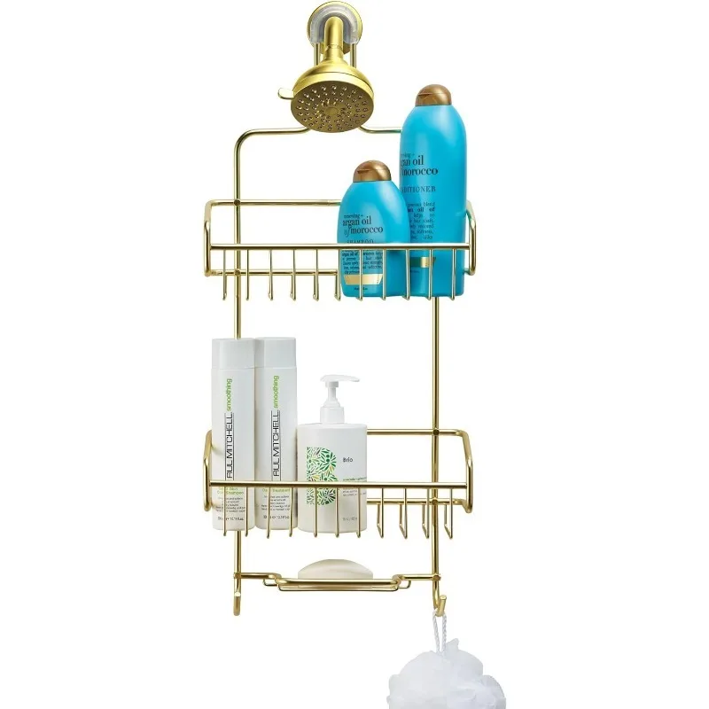 

Shower Caddy - Shower Organizer Shelves with Hooks, Rustproof Shower Storage Rack for Shampoo, Conditioner, Bath Sponge - Gold