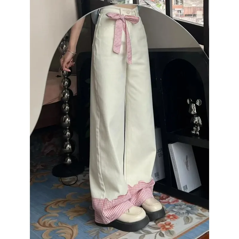 

Women's White High Waist Wide Leg Jeans with Pink Gingham Cuff Bow Detail