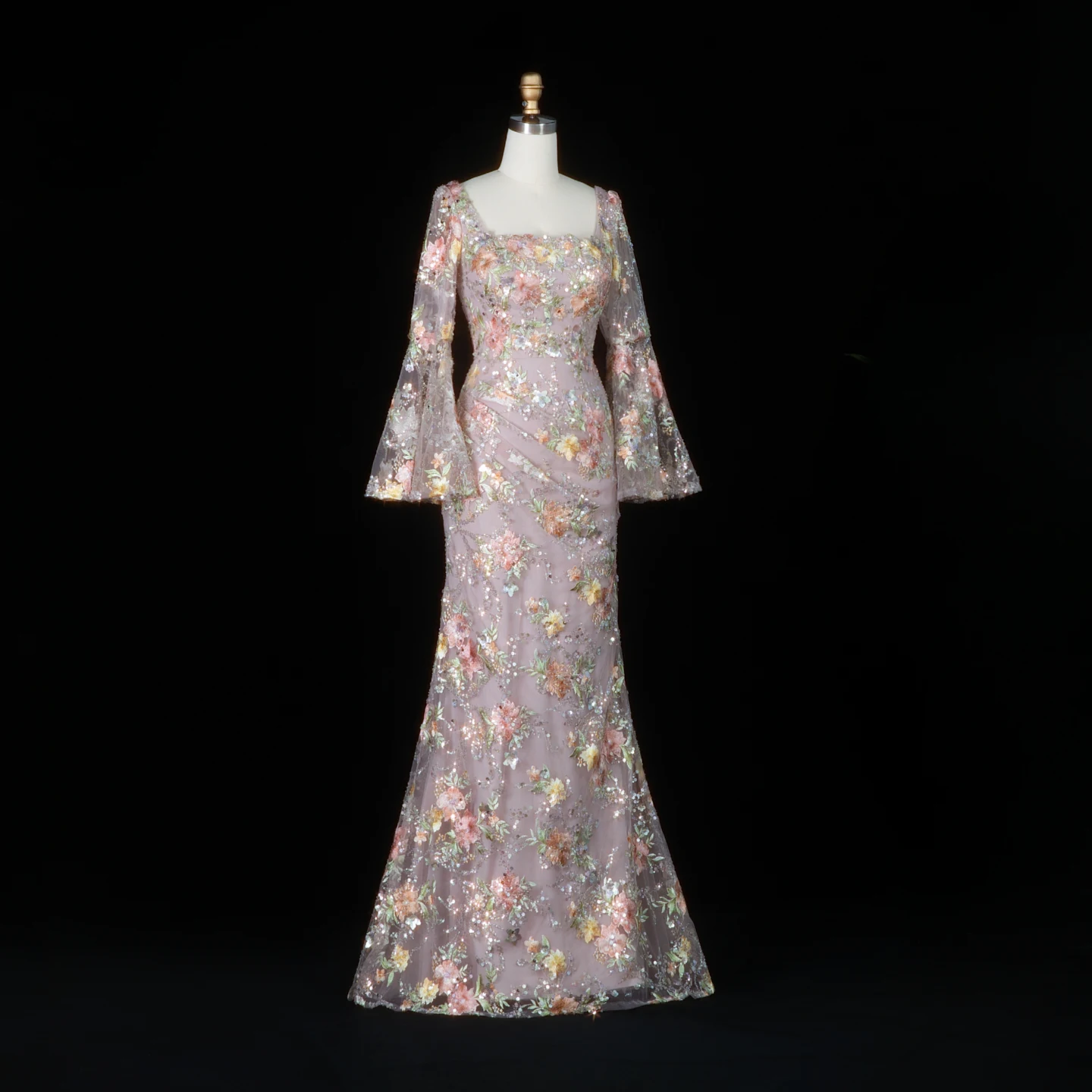 Sharon Said Luxuriöses rosafarbenes, floral besticktes Meerjungfrauen-Abendkleid mit eckigem Ausschnitt, Partykleid für Damen, SS465, maßgeschneidert – Detail 7