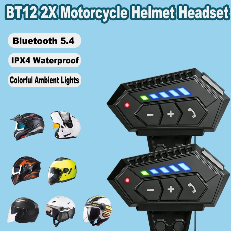 

BT12 2X Bluetooth 5.4 Motorcycle Helmet Headset with Ambient Light Handsfree Waterproof Noise Reduction Voice Control Earphone