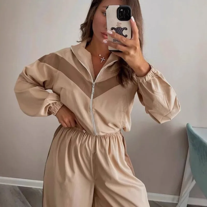 

2025 New Women's Street Style Color-Blocked Long Sleeve Zip-Up Hooded Cardigan & Joggers Two-Piece Casual Sports Set