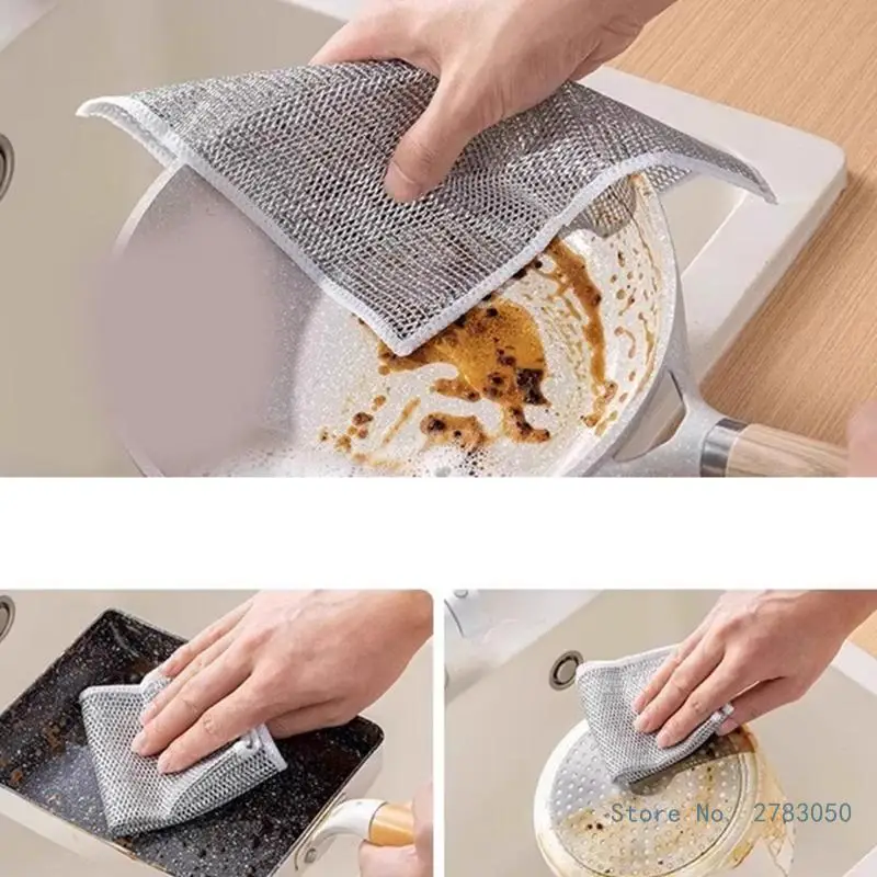 5pcs/10pcs Cleaning Cloth Double Sided Metal Silver Wire Rag Kitchen Dishcloth Thickened Microfiber Wash Towel Scrubbering