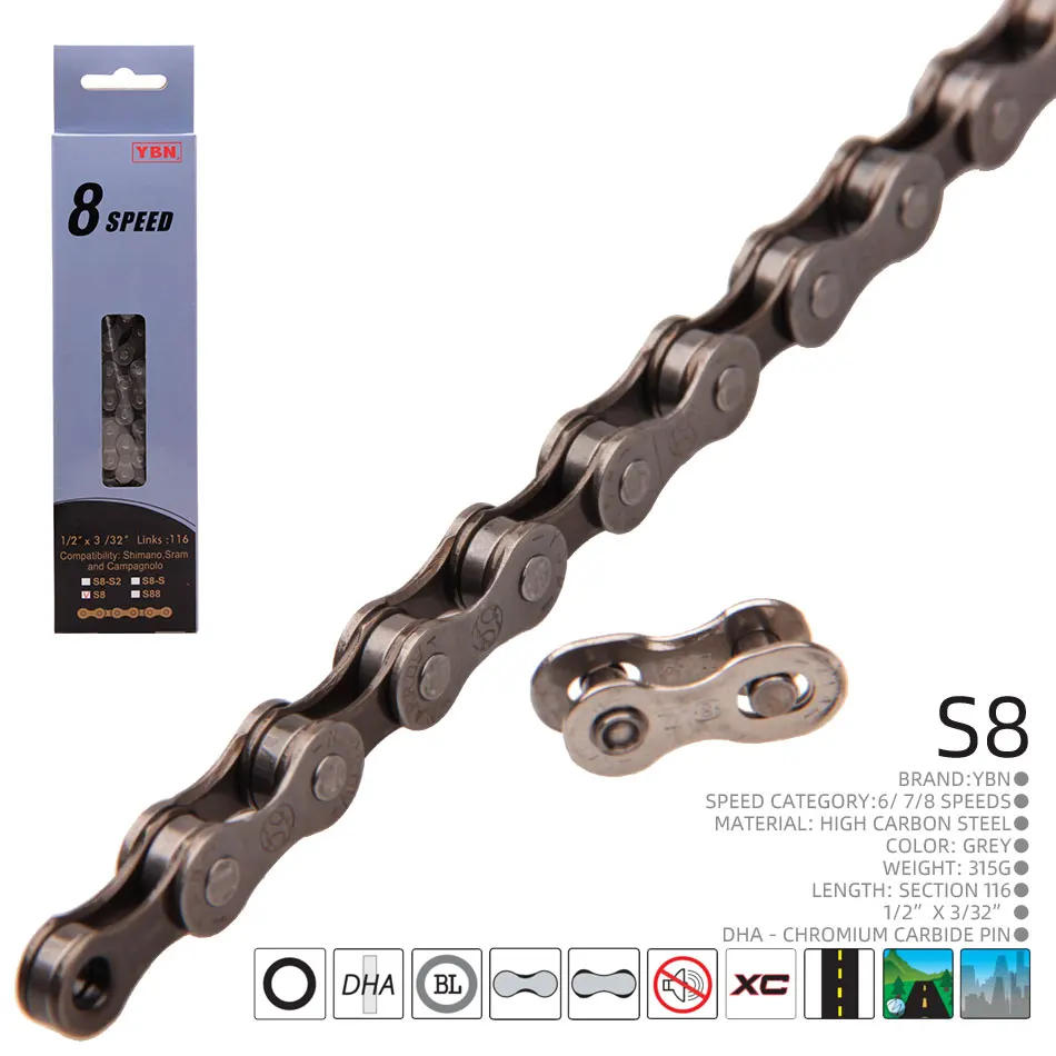  Taiwan YBN S8 S8-S2 Bicycle Chain 6 7 8 18 21 24 Speed Mountain Road Bike 116 Length Bicycles Chains Silver Gray