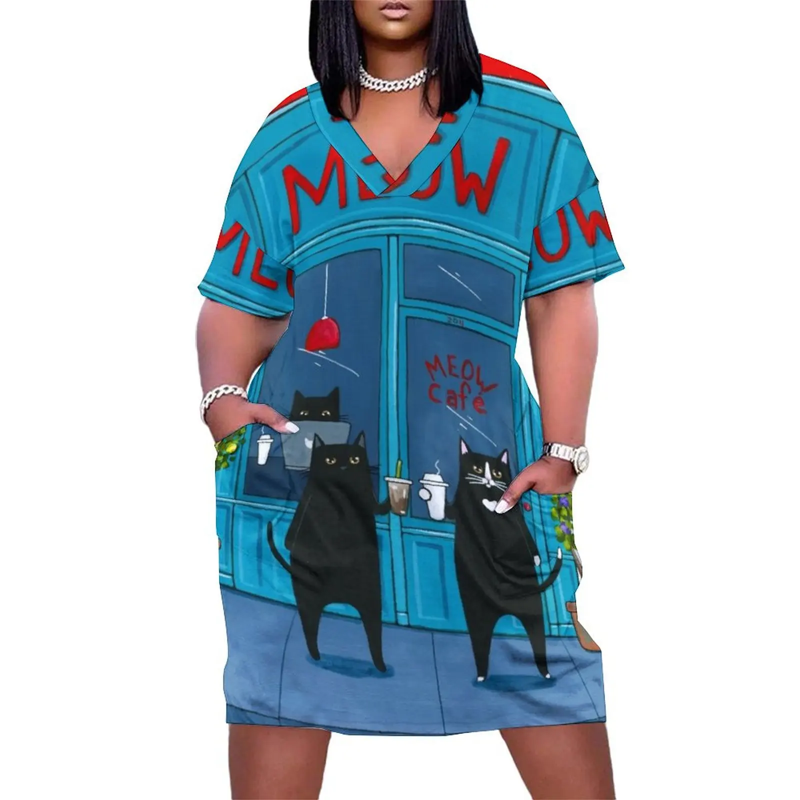 

The MEOW Cafe Loose Pocket Dress Women"s dress Long dress woman womens clothing