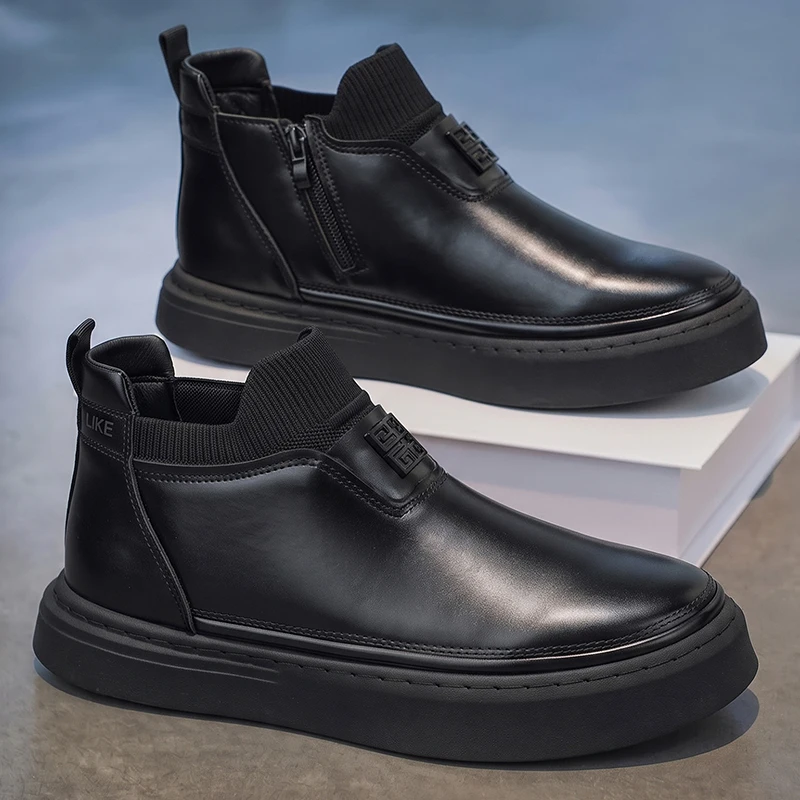 Autumn Fashion Men Casual Shoes High Quality Leather Ankle Boots High Top Slip on Walking Footwear Comfort Platform Chelsea Boot