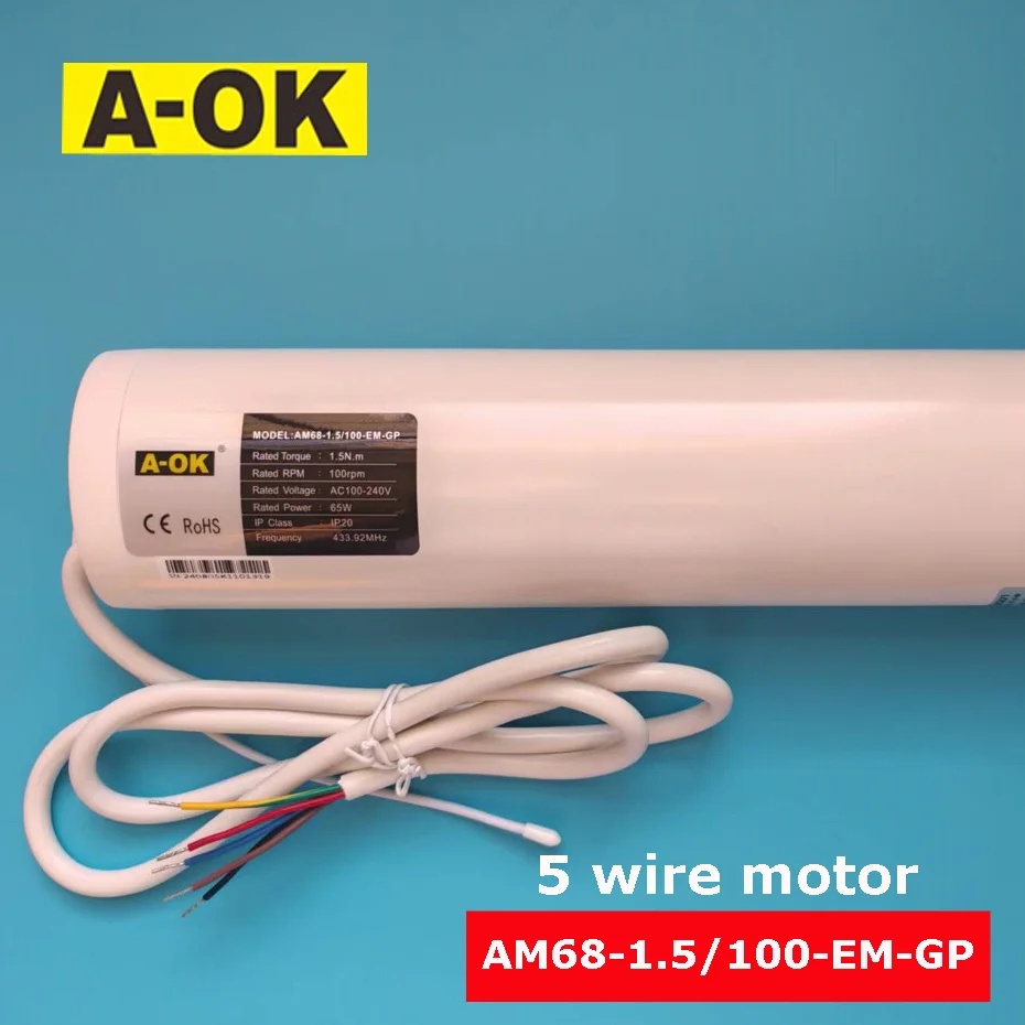 

A-OK AM68 1.5N/100 65W 5 Wire Curtain Motor,RF433 Remote+RS485+Dry Contact+Strong Power Wall Switch Control,100-240V 50/60HZ