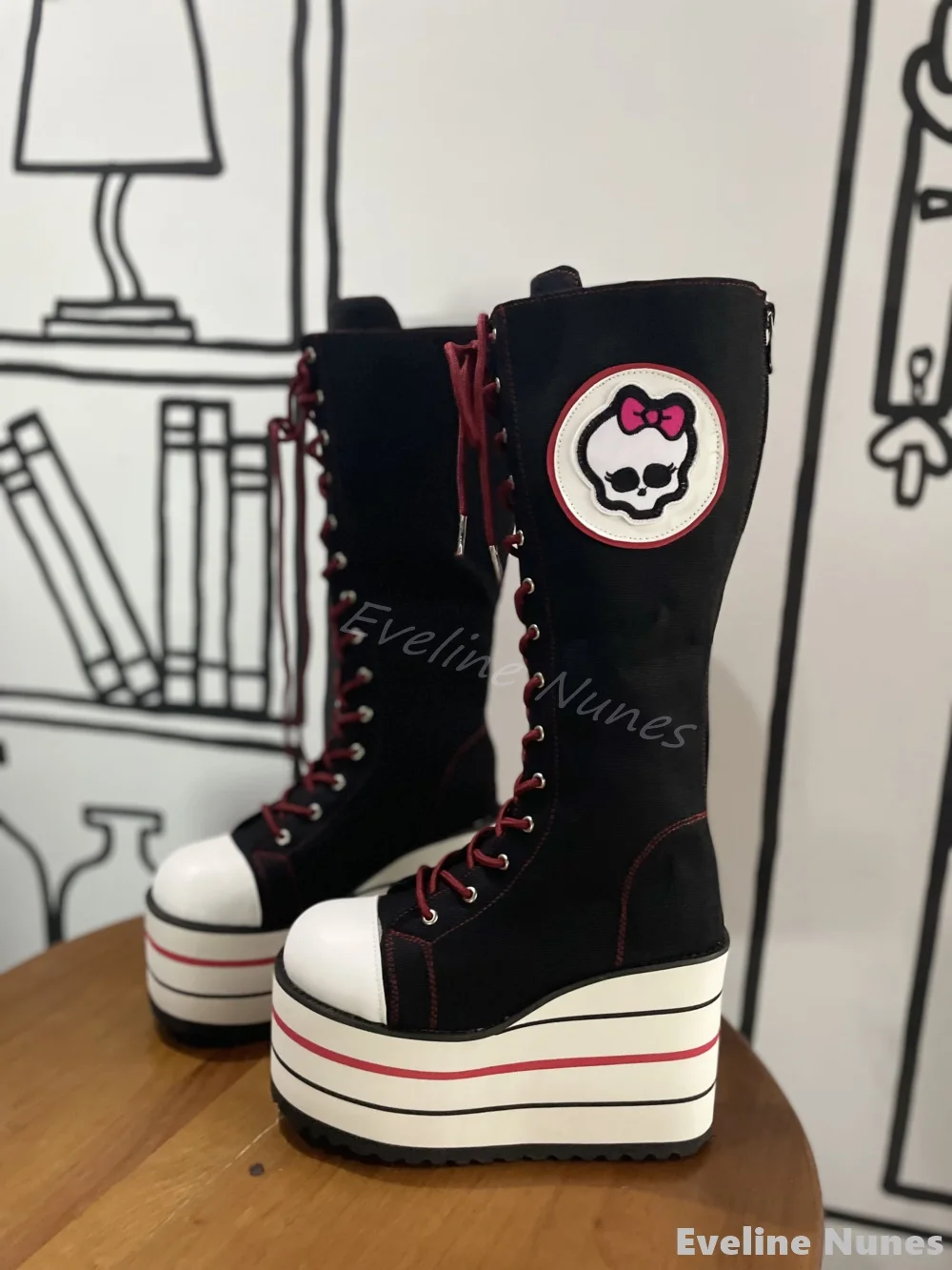 

Cute Skull Canvas Knee High Boots Women/men 14cm Platform Round Toe Cross Strap Zipper Long Boots 2024 Street Style Rock Boots