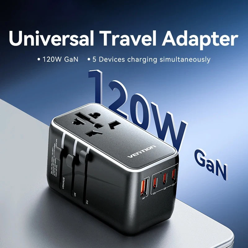 GaN Charger, 120W Universal Travel Adapter, PD 100W Fast Charging, All-in-One Wall Charger,AC Power Plug Adapter for US EU UK AU