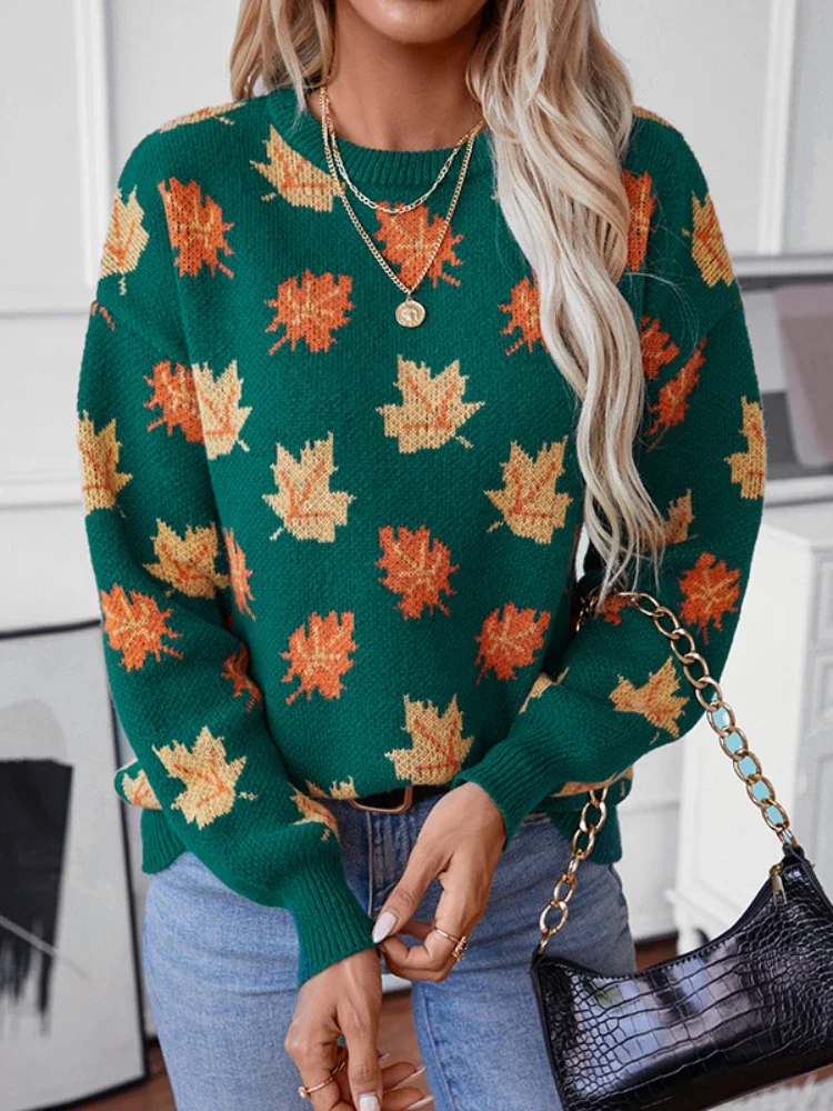 Women Print Sweaters Knit Thick Long Sleeve Round Neck Pullovers Patchwork Elegant Jumpers Casual Outwear Slight Strech