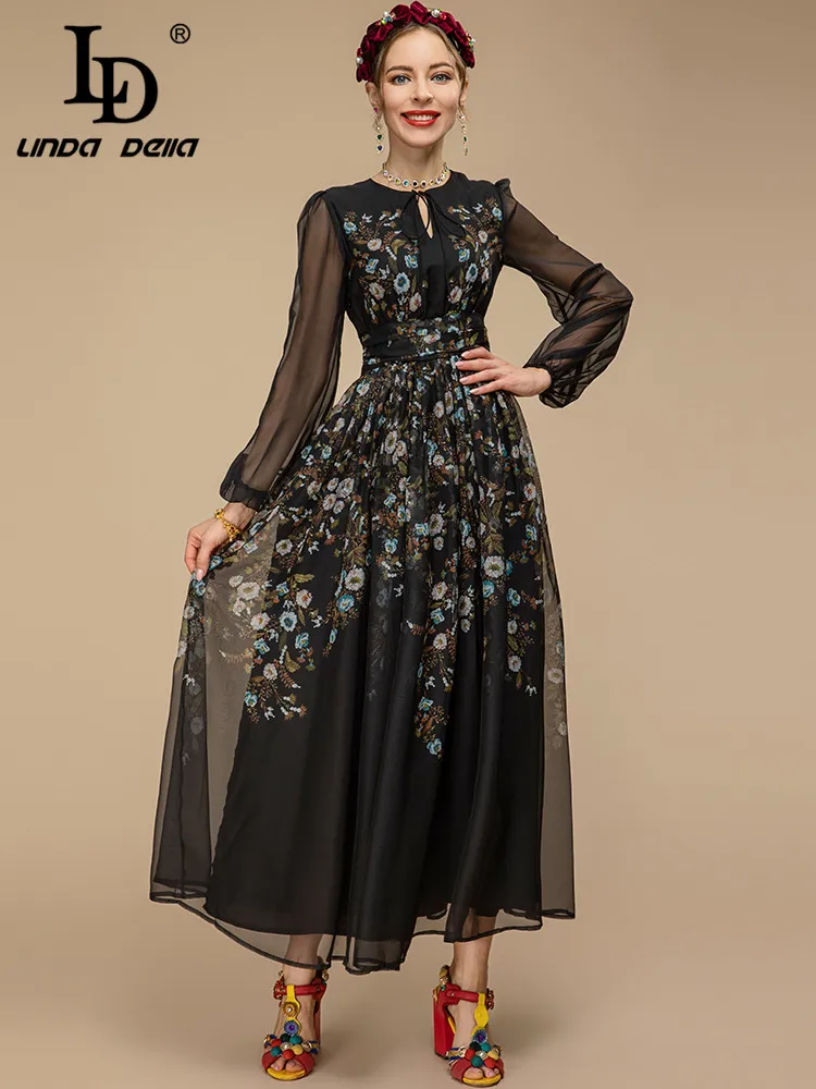 LD LINDA DELLA Fashion Designer Spring Dress Women's Long sleeve Flower print Holiday Black Vintage Party Midi Dress