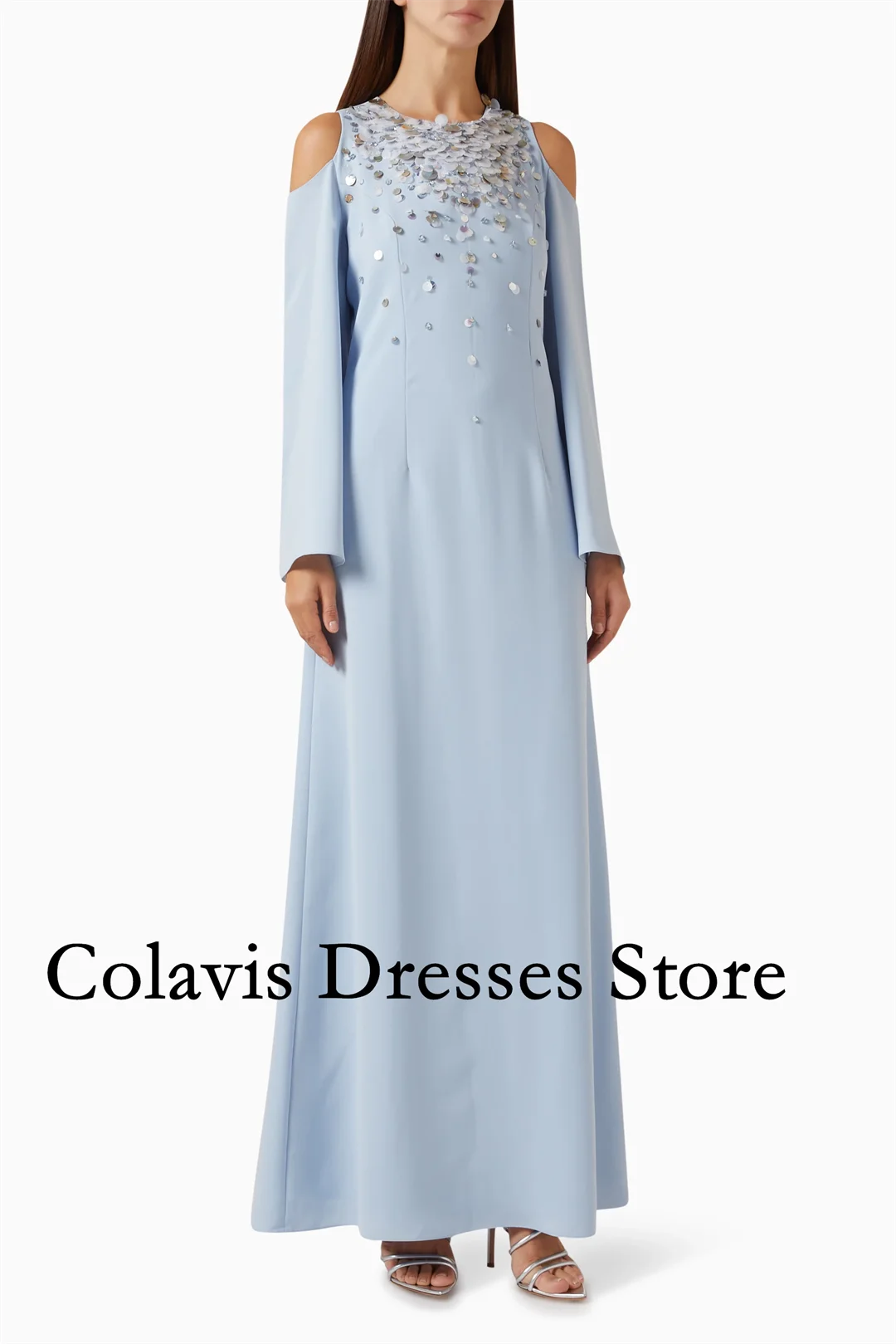 

2025 Customized O-Neck Sky Blue Mermaid Crepe Sequined Prom Dresses Evening Dress Women Evening Gowns Formal Party Dress