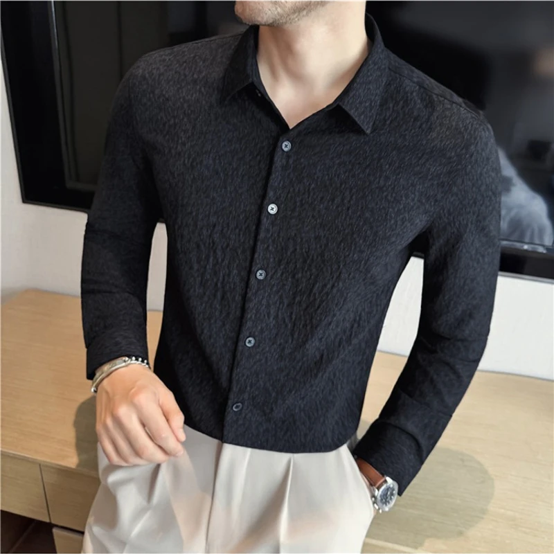 Autumn Winter Pleated Striped Shirt for Men Breathable Slim Long Sleeved Shirts Business Casual Dress Shirt Men Clothing 2025