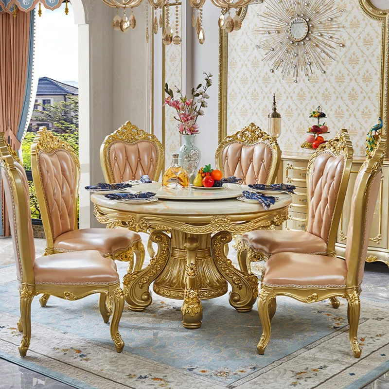 

Круглый обеденный стол из массива дерева с резной мраморной столешницей и комплектом стульев, подходит для гостиной, отеля, виллы.