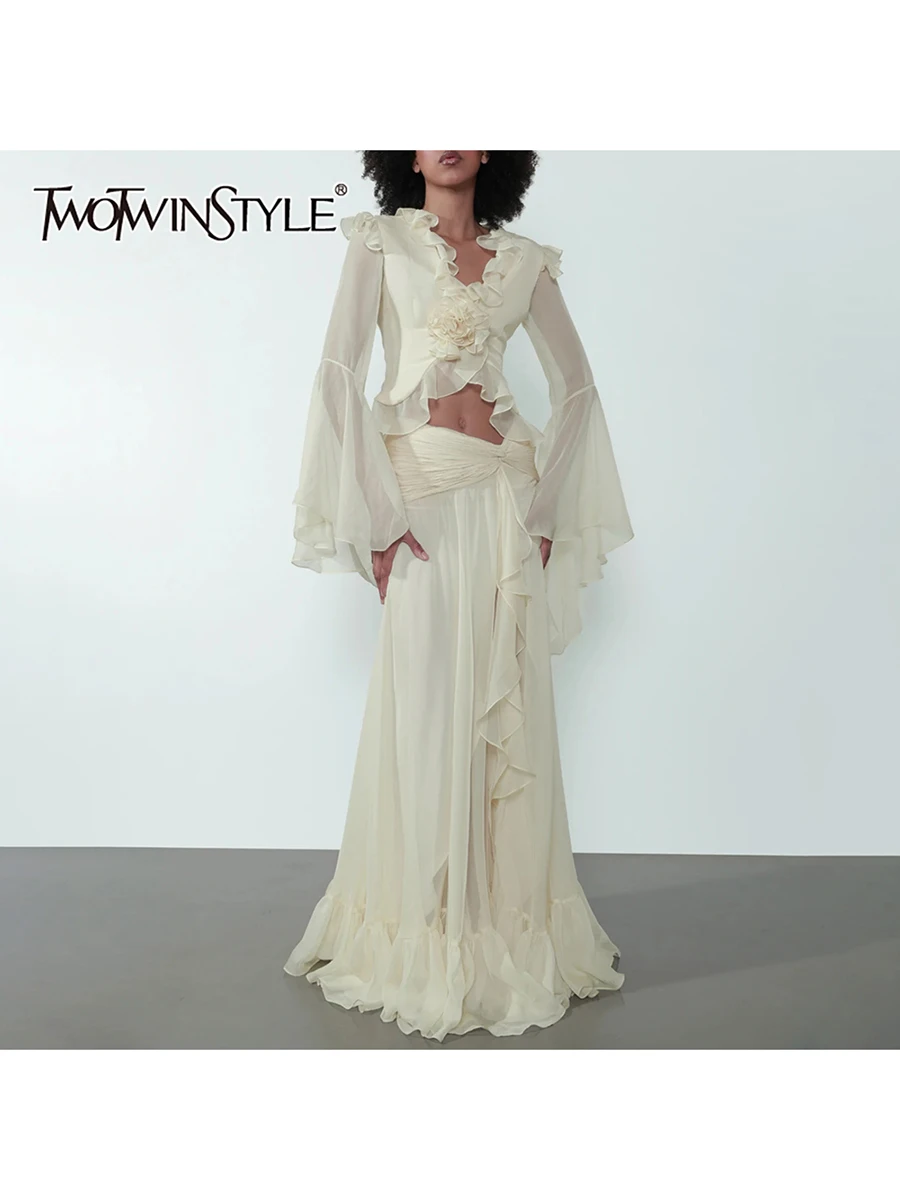 

TWOTWINSTYLE Solid Spliced Folds Two Piece Set for Women V Neck Long Sleeves Irregular Top Patchwork Fur Skirt Sets Female New