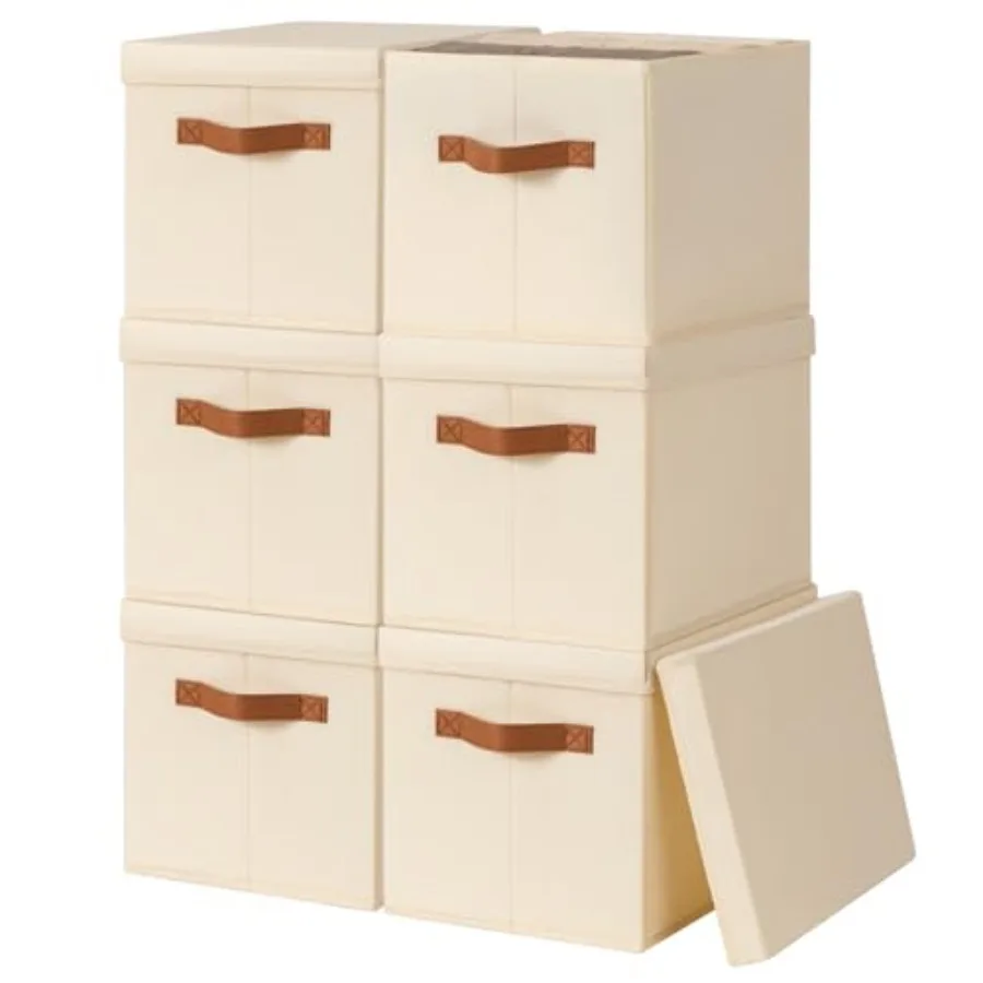 

Storage Bins with Lids - Fabric Storage Baskets for Shelves, 6 Pack Foldable Decorative Boxes with Handles, Stackable Organizer