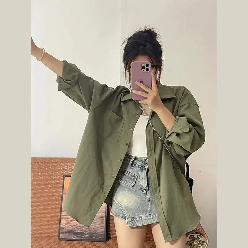 Deeptown Harajuku Green Basic Women Shirts Long Sleeve Blouse Vintage Japanese Fashion Oversized Streetwear Summer Korean Style