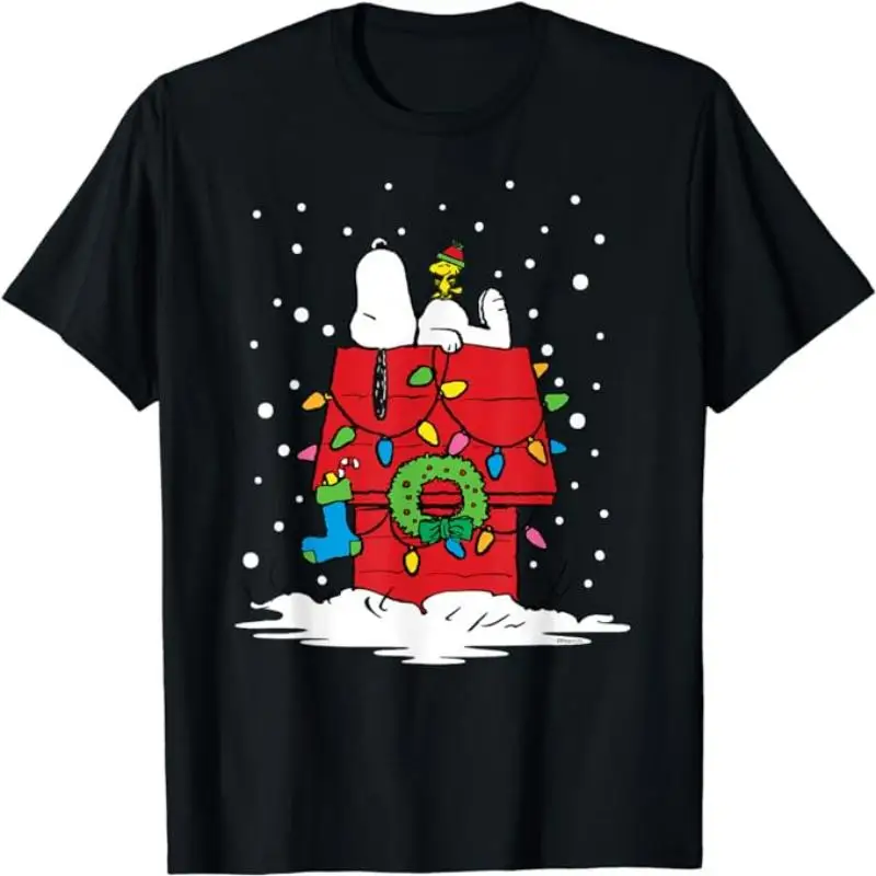 Men\'s Summer 2023 Hot Sale Peanuts Holiday Snoopy and Woodstock Stocking Printed Everyday Style T-Shirt04195