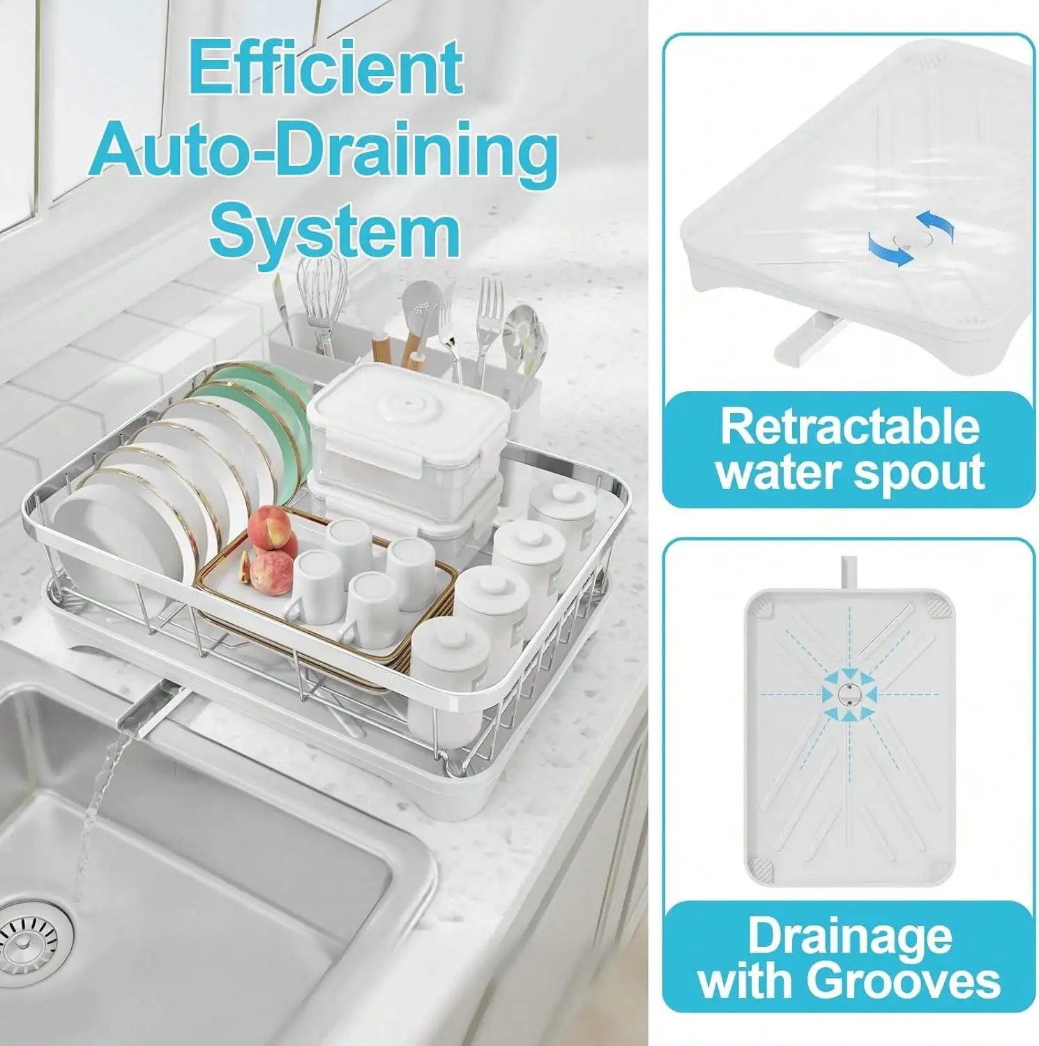 304 스테인리스 자동 배수 식기 건조대 배수판으로 공간 절약—그릇/컵/접시를 위한 대용량.