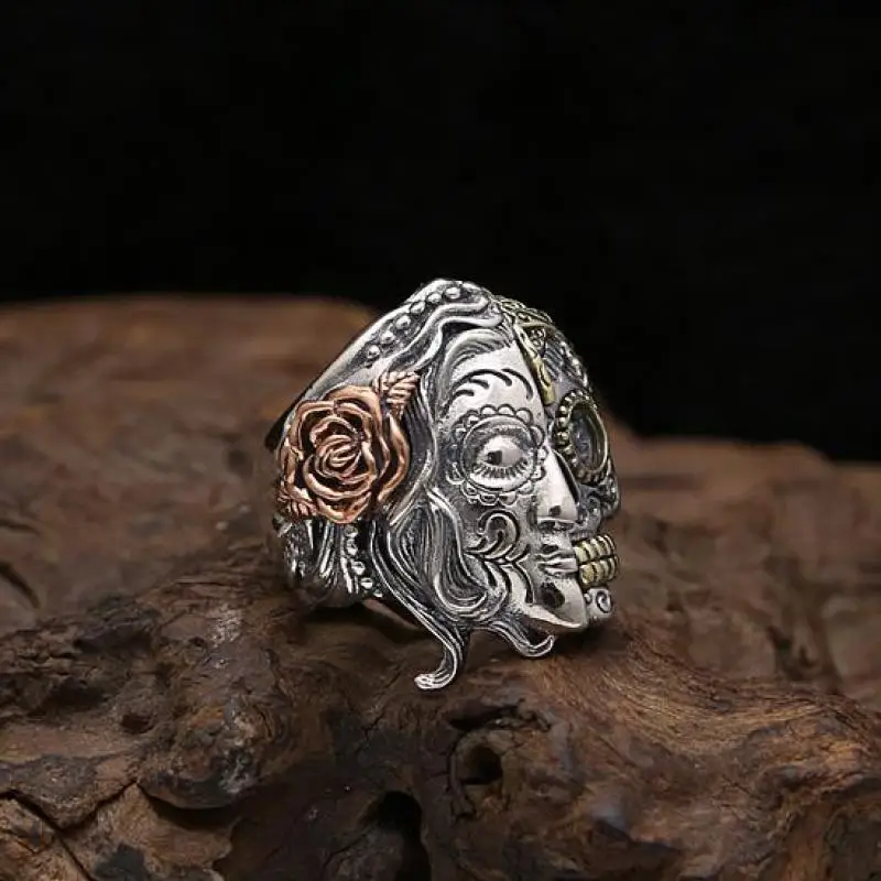 Real Pure 925 Sterling Silver Half Face Sugar Skull Ring With Rose Flower Carving Vintage Punk Thai Silver Jewelry Personality