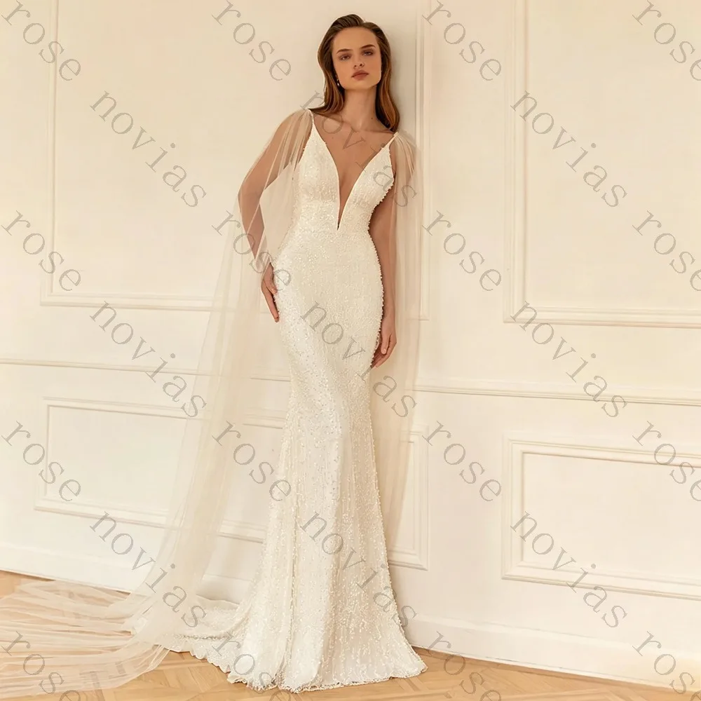 Customized Glam Mermaid Wedding Dress Spaghetti Deep V Sweep Train Sequin Beaded Detachable Tulle Cape Bridal Gown