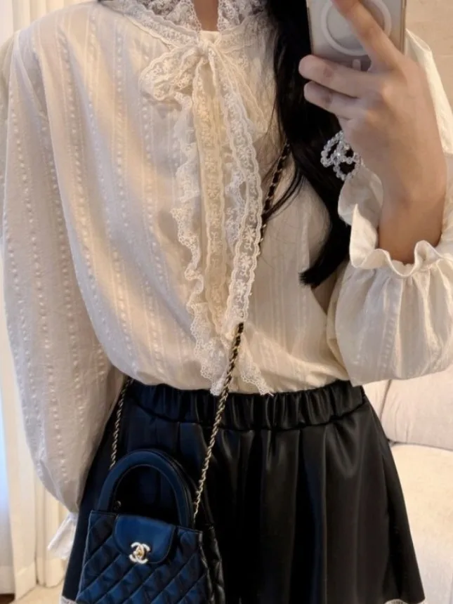 

Ele Early Spring Long Sve Lace Loose Fit Stand Collar Knot Women's irt Versatile Chic Floral Trim irt