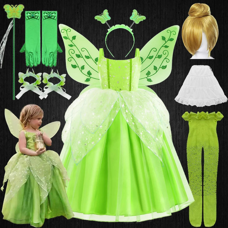 

Fairy Girl Role-play Tinker Bell Tiana Dress Wings Christmas Halloween Cosplay Children Birthday Party Fluffy Green Elf Costume