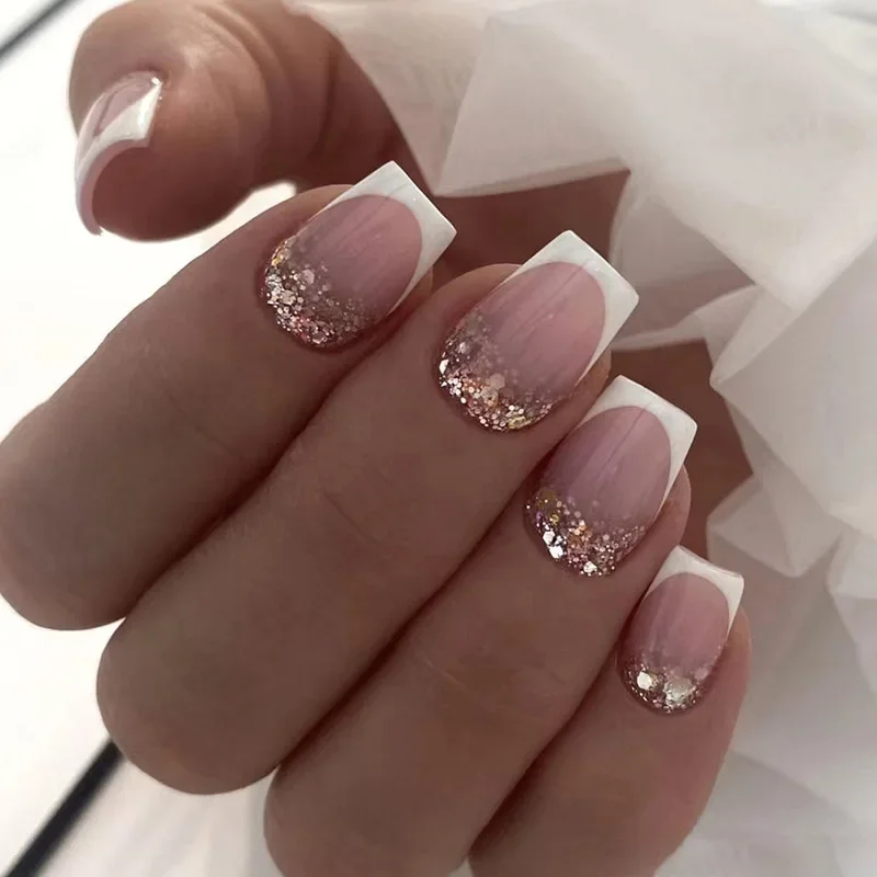 24Pcs Simple Short False Nails White French Square Fake Nails with Glue Wearable Glitter Press on Nails Full Cover Nail Tips