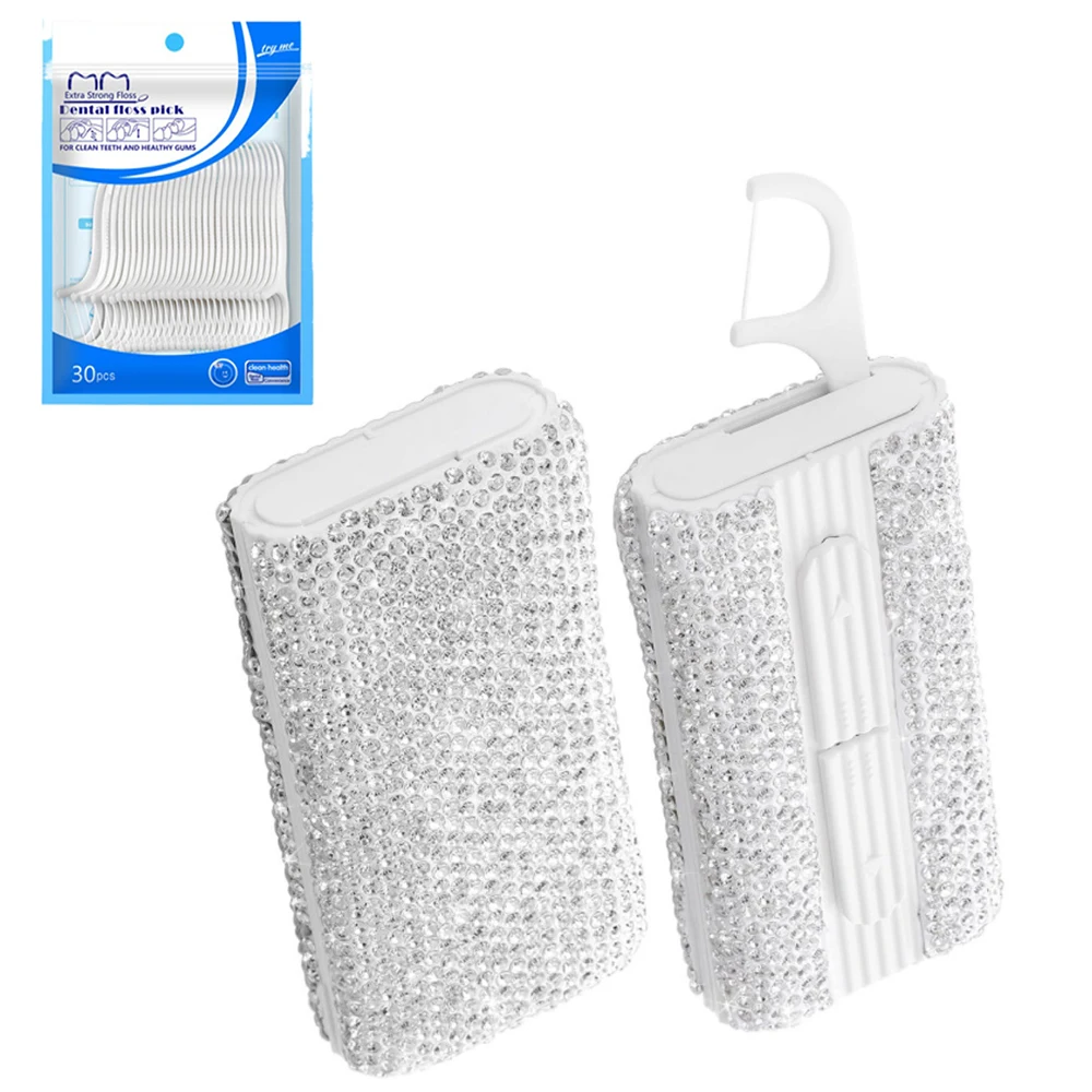 Bling Rhinestone Dental Floss Dispenser Plastic Bring 30 dental floss Automatic Teeth Flosser Storage Box Portable Toothpick