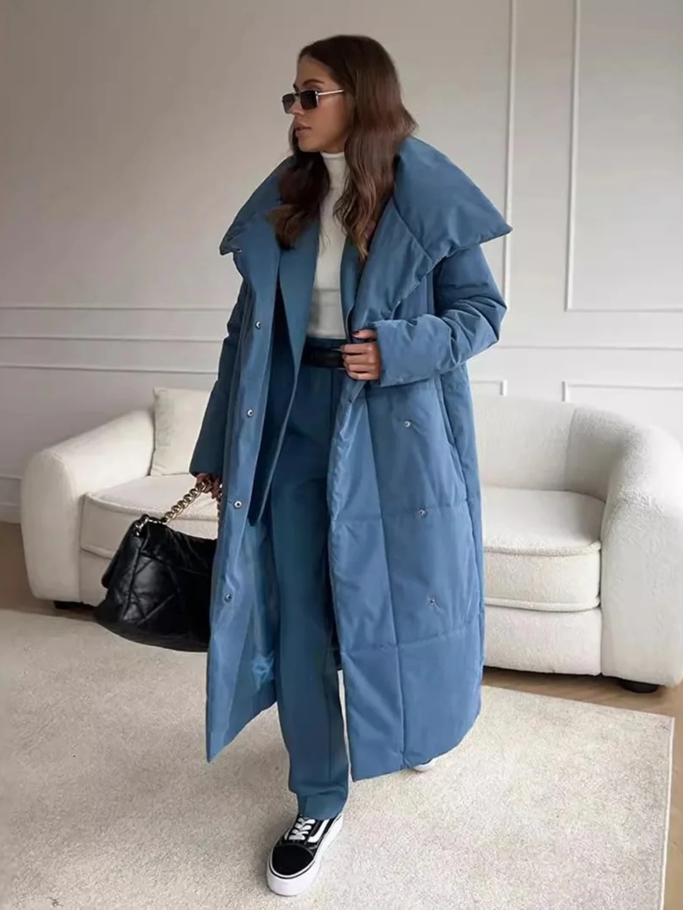 

Women Quilted Loose Jackets Parkas Winter Coats Oversized Warm Long Belt Puffer Jackets Ladies Cotton Padded Jacket