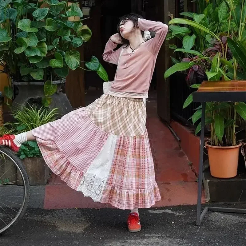 ใหม่ Elegant กระโปรงลายสก๊อตผู้หญิงฤดูร้อนลูกไม้ Patchwork A-Line เอวสูง Ruffled Vintage Midi กระโปรง Contrast สีเสื้อผ้า
