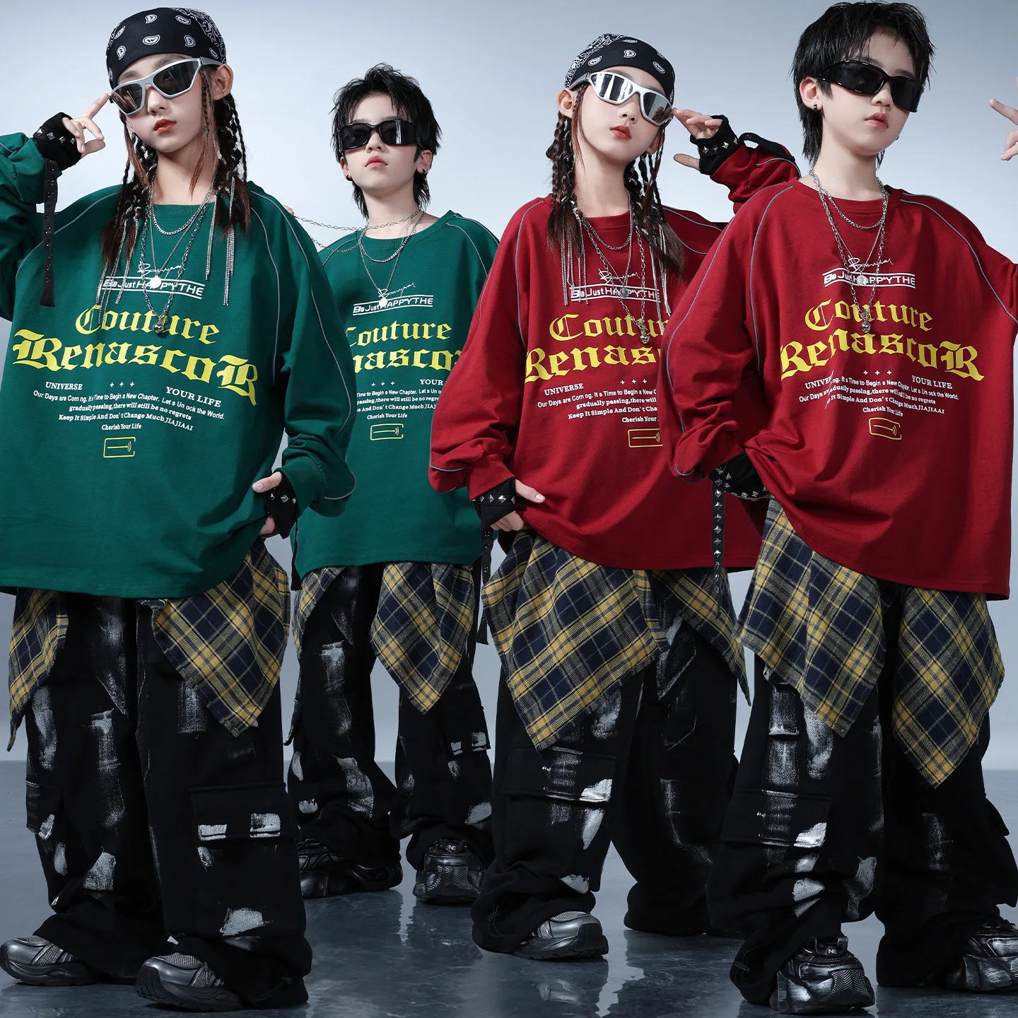 

Kid Kpop Hip Hop Clothing Green Red Letters Sweatshirt Black Casual Multi Pockets Cargo Pants for Girl Boy Dance Costume Clothes