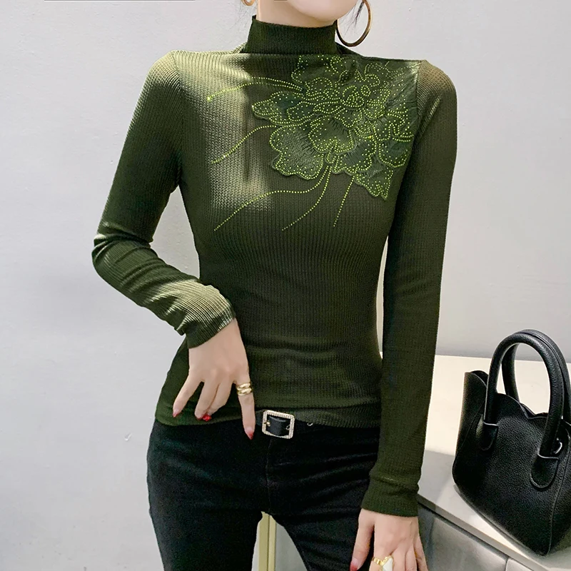 MadBlack-Women's European T-Shirt, Sexy Turtleneck Embroidery Tops, Workwear Long Sleeve Slim Diamonds Tee, Fall Winter T4N318CC