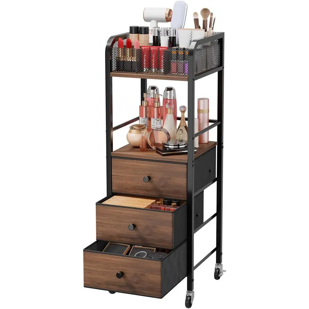 Rolling Makeup Cart Organizer - Floor Skincare Make Up Storage with 3 Non-woven Fabric Drawers, Vanity Organizer Cosmetic Displa
