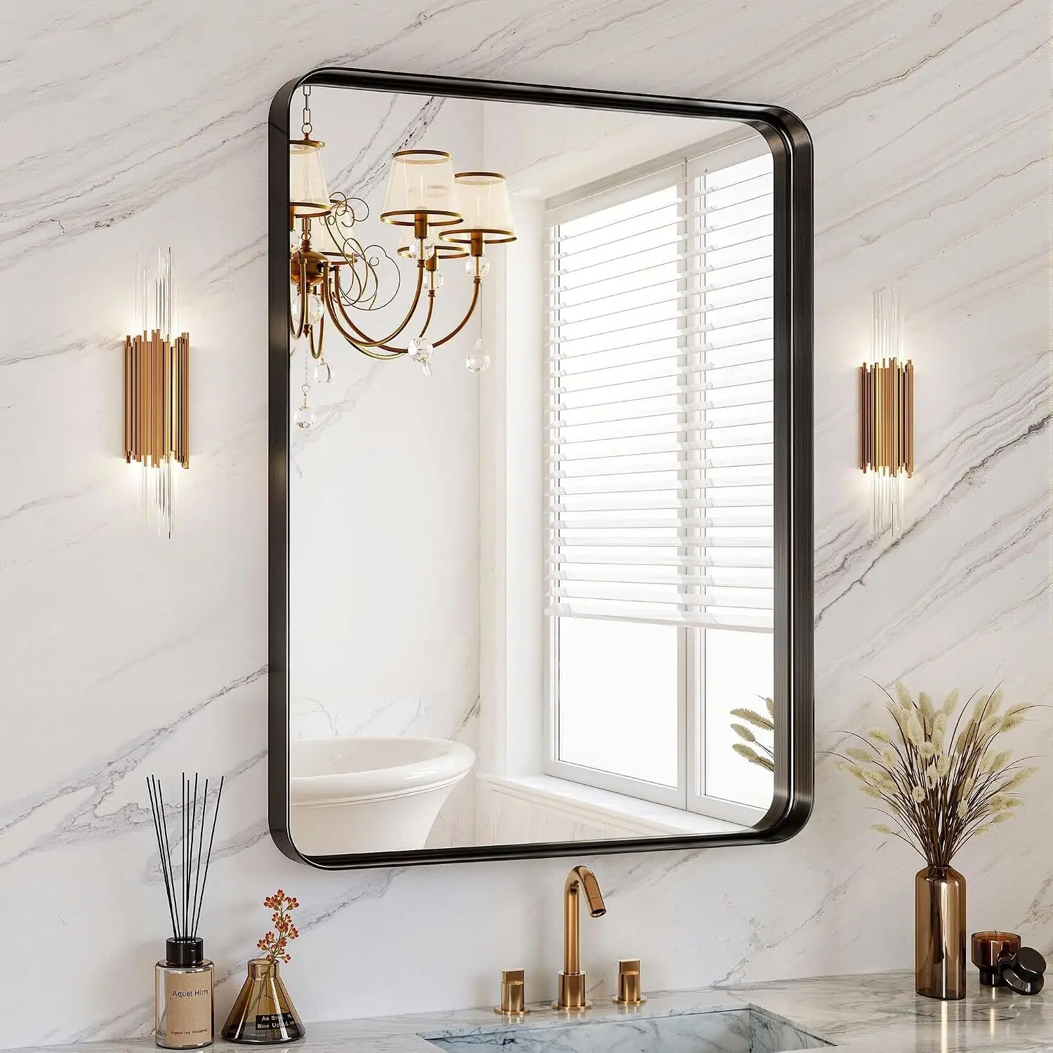 30X36 Inch Black Metal Framed Wall Bathroom Mirror HD Tempered Glass Vanity Over Sink Anti Rust Aluminum Alloy Farmhouse Horizon