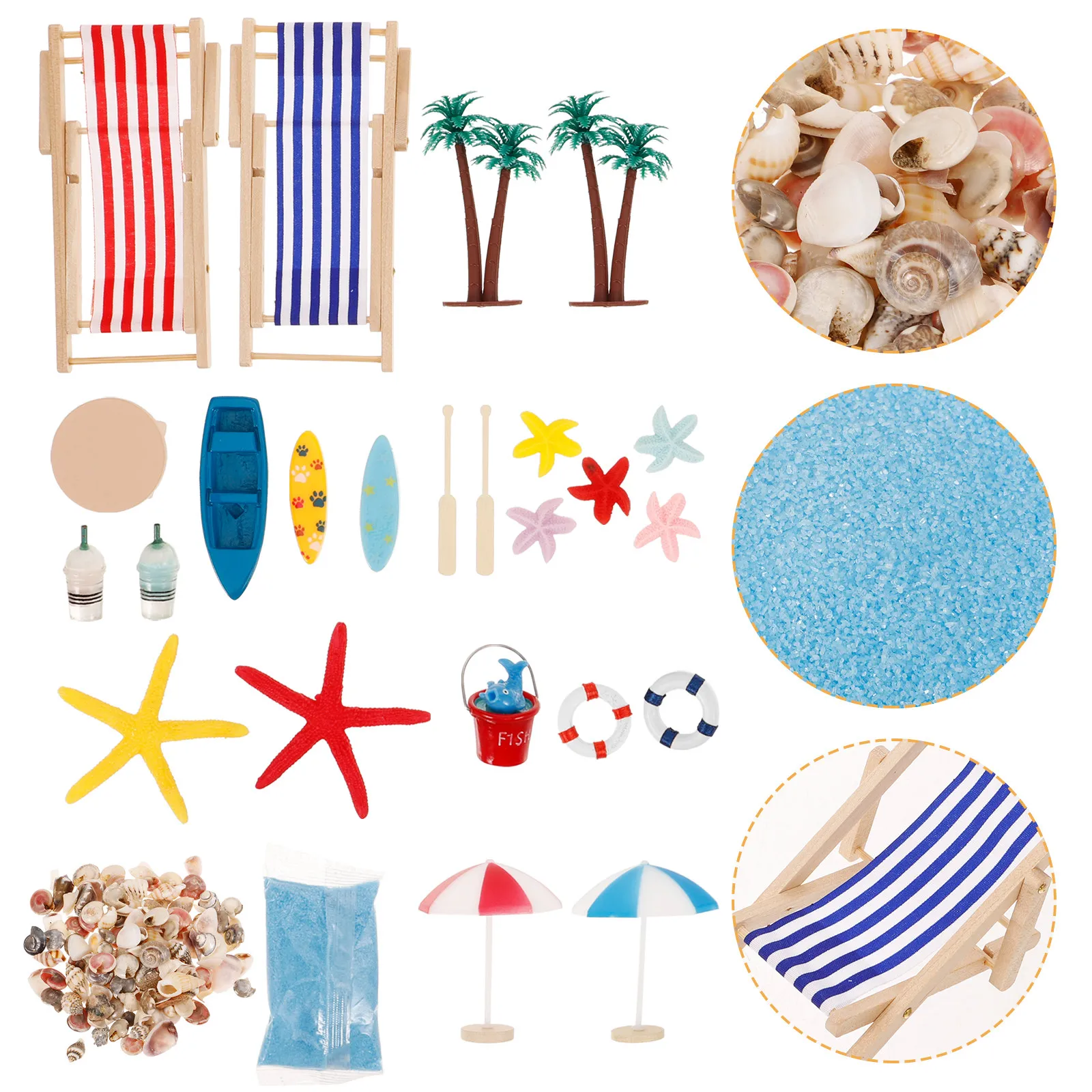 

1Set Wooden Beach Chair Mini Ornament Set for Mini House Decoration Micro Beach Style Decor Kids Pretend Play Micro Scene Layout