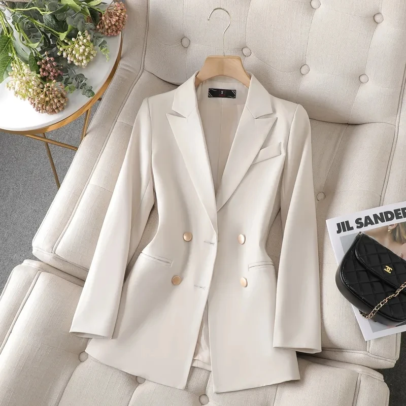 Women Casual Blazer Double Breasted Suit Jacket Korean Version Pure Color Loose Fashion Suit Jacket Simple Office Ladies Tops