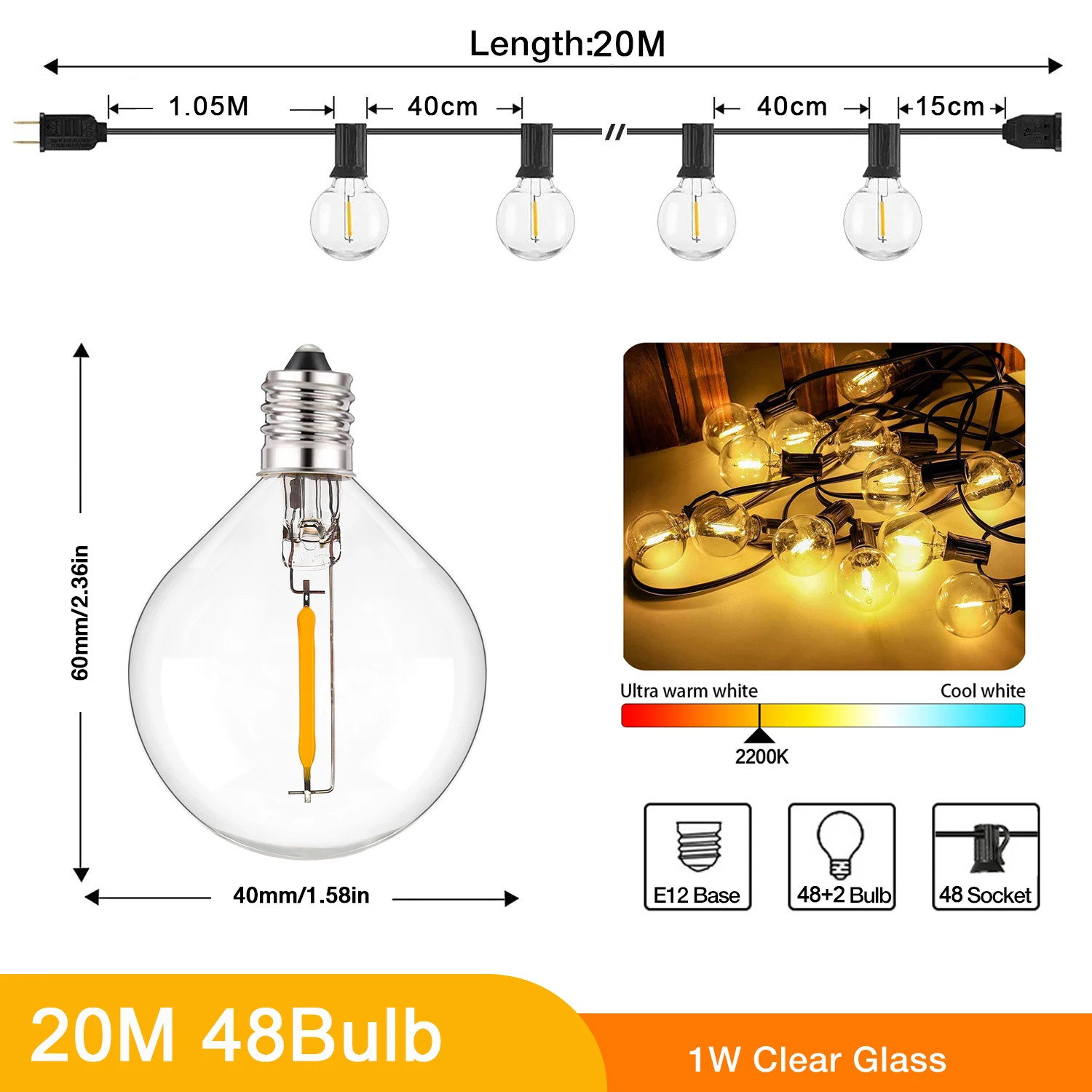 Ganriland 65ft Outdoor Slinger Lichtslinger Lichten Dimbare E12 Sockets G40 Globe Led Lamp Koppelbaar Gard Decor Fee Lichte Ketting